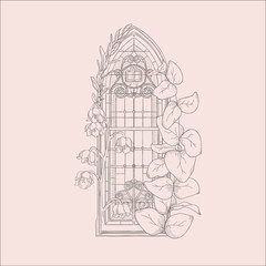 Vector Hand Drawn Old Gothic Window Illustration
