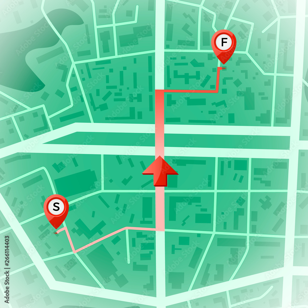 Poster abstract city map. gps and navigation concept. starting and ending point and paved route. print with