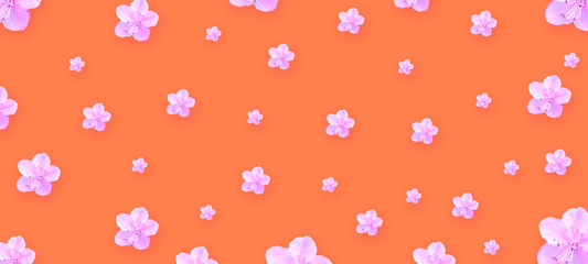 Beautiful spring flowers on a coral background. Congratulatory background. Holiday card.