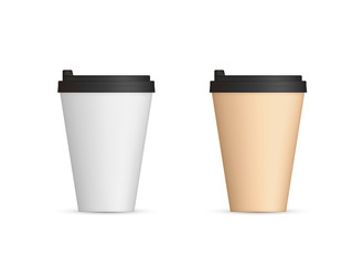 Realistic paper coffee cups with lid front view. Coffee to go blank. Vector illustration isolated on white background