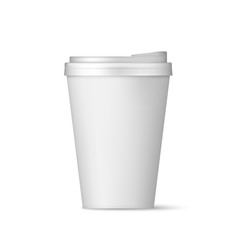 Realistic white paper coffee cup with lid front view. Coffee to go blank. Vector illustration isolated on white background