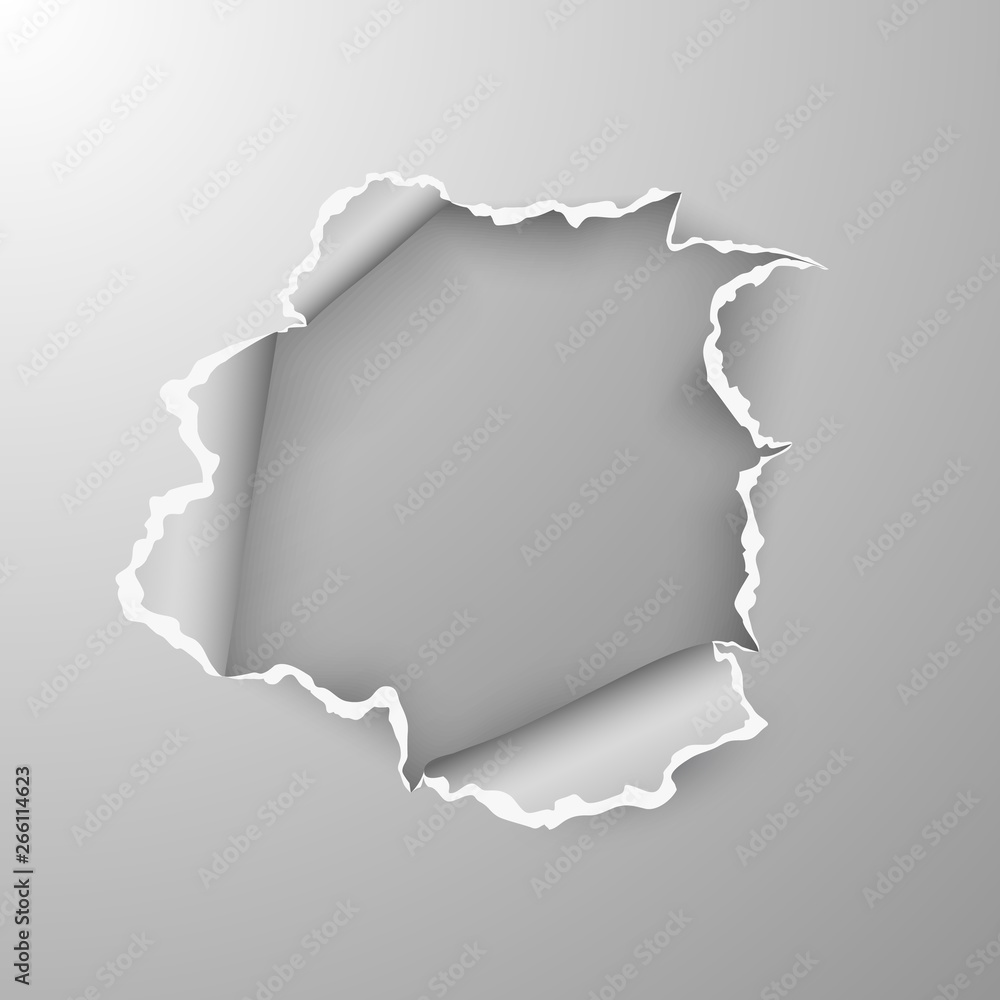 Poster torn hole in sheet of paper on transparent background with space for text. vector illustration