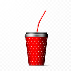 Red paper cup with black lid and red straw. Vector illustration on transparent background