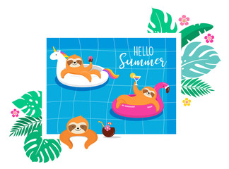 Naklejka premium Summer fun illustration with cute characters of koalas and sloths, having fun. Pool, sea and beach summer activities, concept vector illustrations