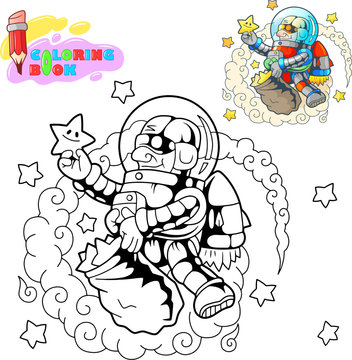 cartoon astronaut collects stars in space, coloring book, funny illustration