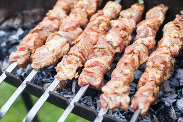 BBQ fresh pork meat chop slices. Skewers of pork meat in the open air.