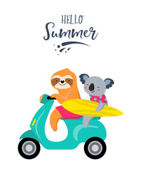 Summer fun illustration with cute characters of koalas and sloths, having fun. Pool, sea and beach summer activities, concept vector illustrations