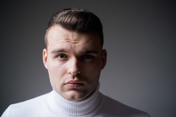 Handsome guy. Masculinity and beauty. Well groomed man stylish appearance. Hairstyle barber. Styling hair wax. Hipster hairstyle. Man close up face with glossy hairstyle. Barbershop concept