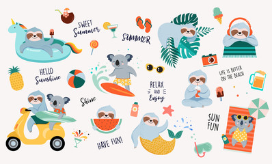 Summer fun illustration with cute characters of koalas and sloths, having fun. Pool, sea and beach summer activities, concept vector illustrations