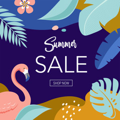Summer Sale poster with tropic leaves and flamingo, banner and background in modern flat style. Vector illustration