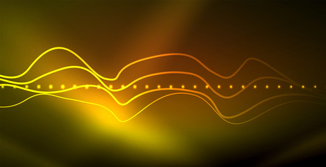 Glowing abstract wave on dark, shiny motion, magic space light. Techno abstract background