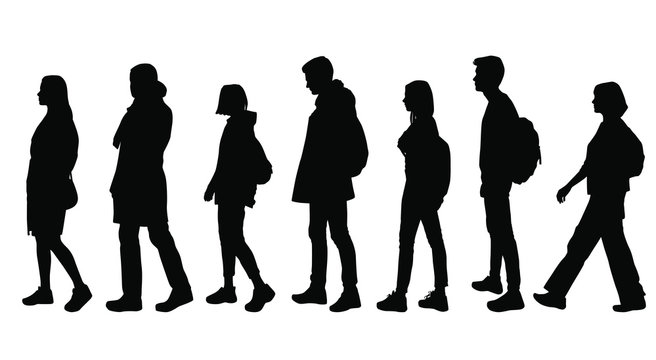 Set of vector silhouettes of  men and a women profile, a group of walking business people, black color isolated on white background