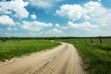 Sandy country road through green meadows, forest on horizon and white clouds on blue sky