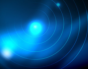 Blue neon circles, abstract circular lines. Glowing circle abstract pattern background