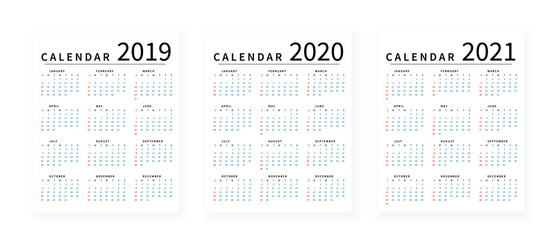 Mockup Simple calendar Layout for 2019, 2020 and 2021 years. Week starts from Sunday