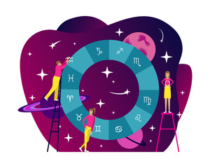 Small people flat astrology illustration. Natal chart with gradient background. Horoscope.