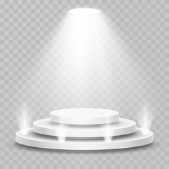 Round stage podium with light. Stage vector backdrop. Festive podium scene for award ceremony. Vector illustration