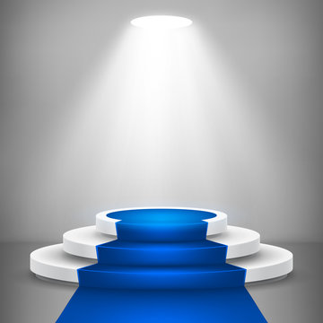 Round stage podium with light. Stage vector backdrop. Festive podium scene with blue carpet for award ceremony. Vector illustration