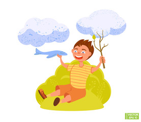 Cartoon characters child plays with toy airplane