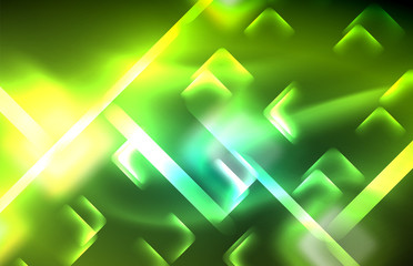 Neon square and line lights on dark background with blurred effects