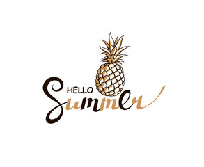 emblem of hello summer lettering with pineapple isolated on white background