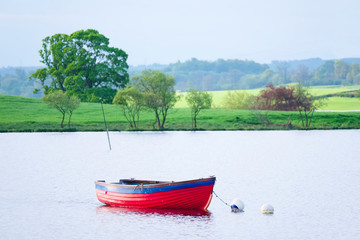 Rowing boat in summer red and blue stripes against sun lit green fields in the rural countryside