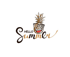 emblem of hello summer lettering with pineapple isolated on white background