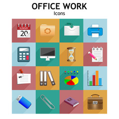 Web icons with long shadow on the theme of office and business. Vector set