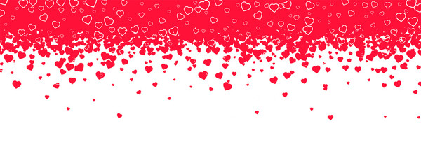Red hearts are falling down like snowfall or rain. Decoration for holidays of holy Valentines, Womens and Mothers days. Abstract pattern isolated on white background for greeting wedding card.