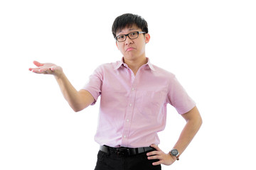 Asian young businessman has standing with puzzled on isolated on wihte background.
