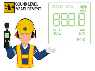 An Industrial worker with earmuffs is presenting display screen of the sound level meter