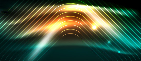Dark background with neon glowing elements, shiny motion concept
