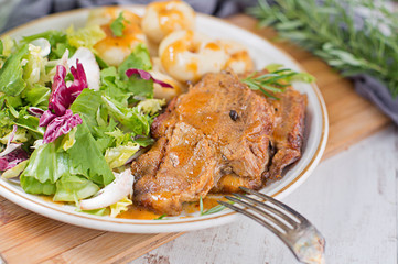 Roasted pork, noodles and salad