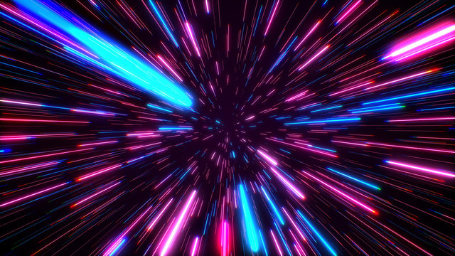 Hyperspace Jump Through The Stars To A Distant Space. Speed Of Light, Neon Glowing Rays In Motion. Lightspeed Space Journey Through Time Continuum. Warp Journey In Wormhole 3D Illustration