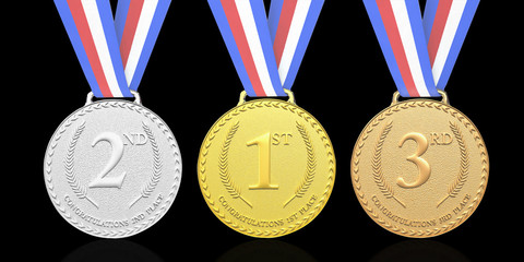3D rendered 1st place gold medal, 2nd place silver medal and 3rd place bronze medal awards with ribbon on a black background