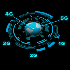 Mobile telecommunication network concept with circular HUD element against a black background