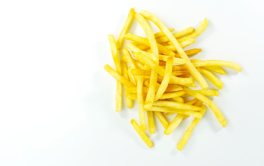 French Fries on white background, Top view with copy space for your text.