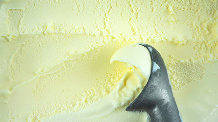 Scooping vanilla ice cream close up, Top view, Blank for design.