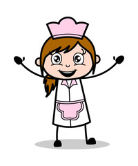 Waving Hands - Retro Cartoon Waitress Female Chef Vector Illustration