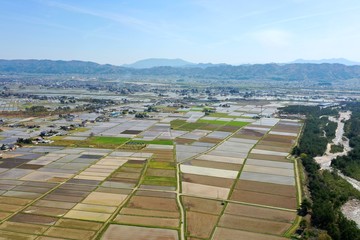日本の春の田園風景を空撮