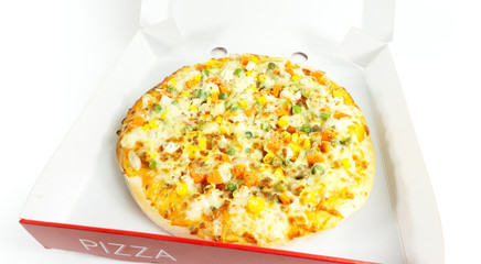 Corn mushroom, tomato sauce on pizza dough isolated on white background, Ingredients for cooking food concept.