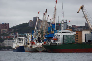 Fototapeta premium Vladivostok Commercial Sea Port. Container terminal in the port. Industrial marine facade of Vladivostok.
