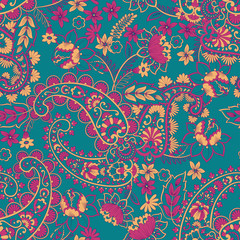 Fototapeta na wymiar Paisley ethnic seamless pattern with floral elements.
