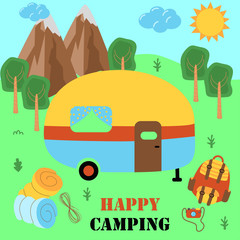 happy camping poster with trailer - vector illustration, eps