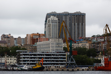 The sea facade of the city of Vladivostok. The capital of the Far East is the city of Vladivostok from the sea. City port.