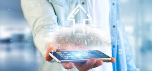 Businessman holding a Binary cloud with upload internet arrow 3d rendering