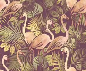 Fototapety  Wzór z tropikalnych liści i różowe flamingi. Tropikalny tło.