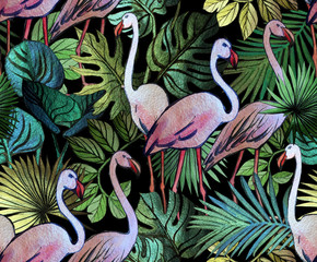 Fototapety  Wzór z tropikalnych liści i różowe flamingi. Tropikalny tło.