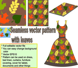 Seamless pattern with leaves with example of usage. Vector, easy editable. 