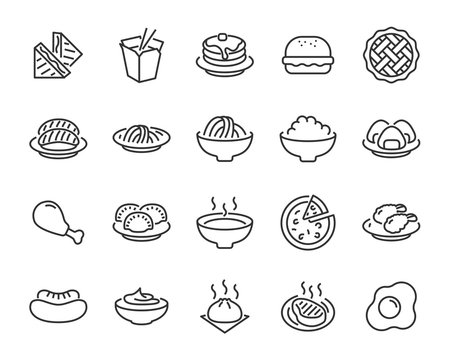 set of food icons, such as pizza, noodle, rice, pie, steak, fried chicken, sushi, dumpling